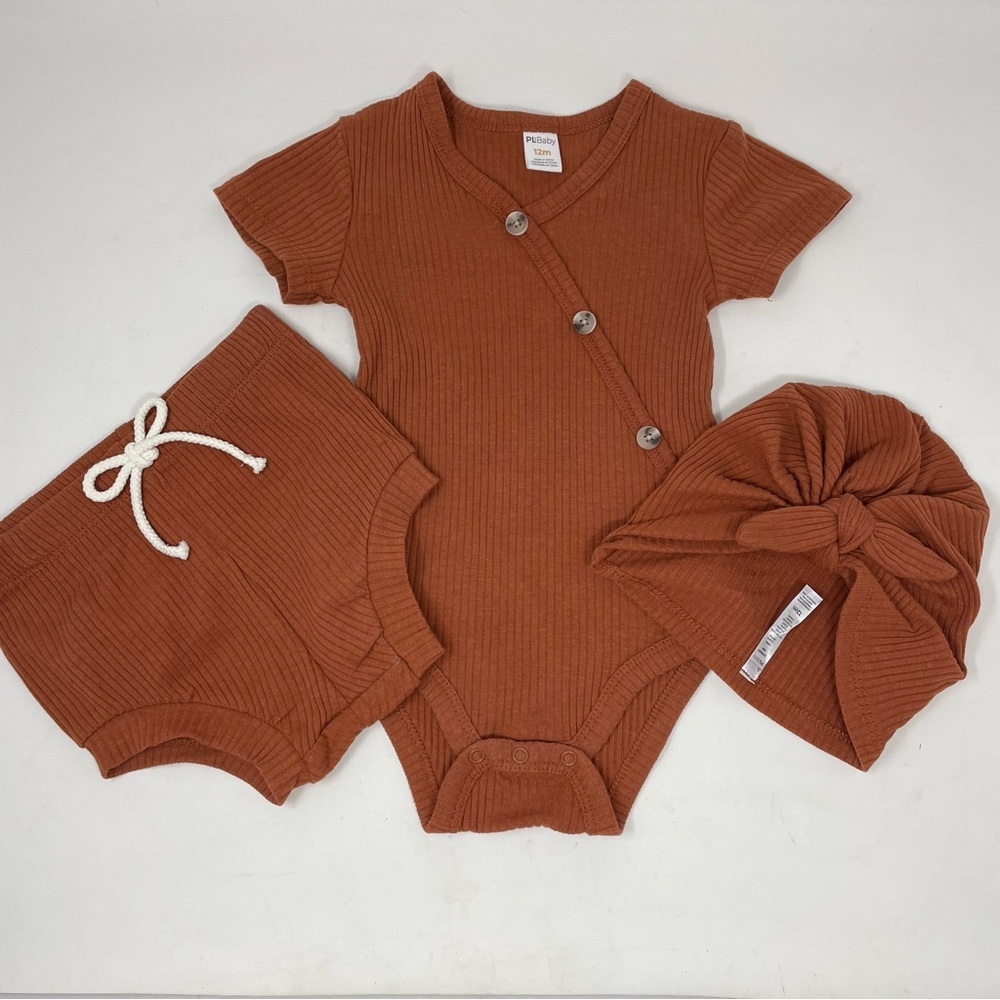 NWOT Baby 3pc Rust Brown Ribbed Matching Onesie Shorts Hat Size 12m